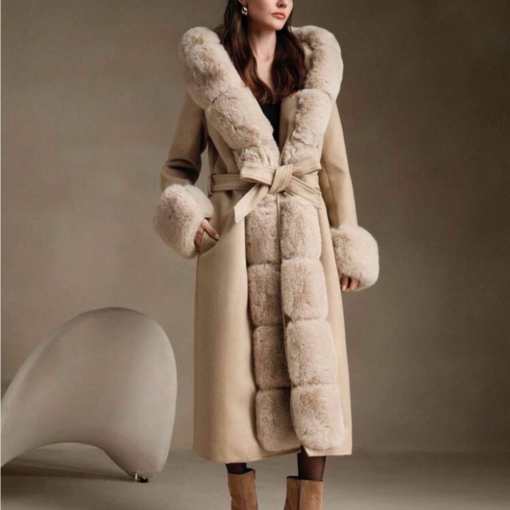 SHEIN ANEWSTA Beige Faux Fur Trimmed Coat